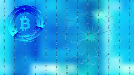bitcoin, engranajes y código digital en un fondo azul borroso, bucle de imágenes de 4k