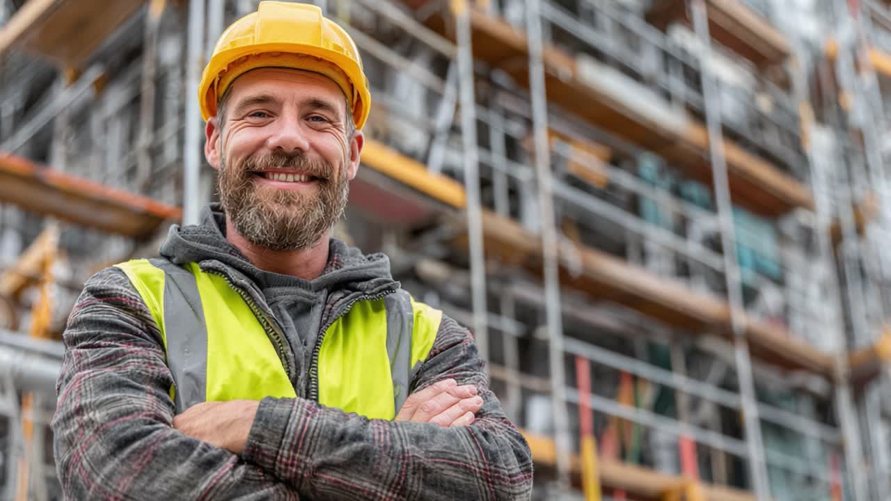 A confident construction worker smiling proudly in a hard hat and reflective vest stands against the backdrop of a building site, showcasing dedication and teamwork in construction