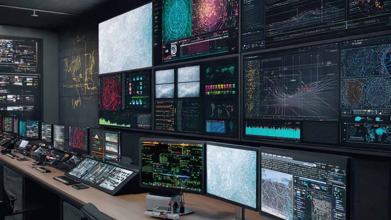 Ein fortschrittlicher Kontrollraum zeigt Datenvisualisierung mit mehreren Monitoren, die Diagramme, Karten und Echtzeit-Analysen für strategische Entscheidungsfindung präsentieren.