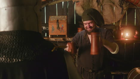 innkeeper serves ale to knight in tavern. smiling dwarf bartender shows dont worry gesture and gives drink to noble lord in public house. fairy tale scene