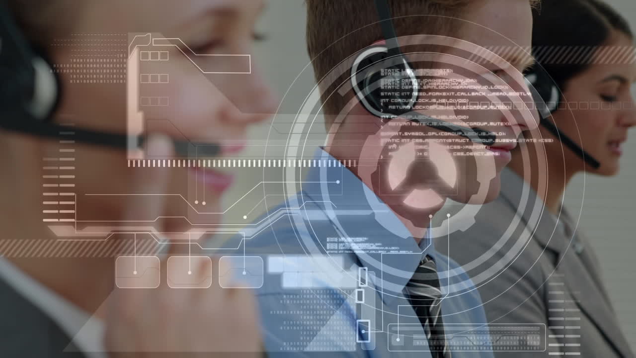 animación de la interfaz digital sobre personas de negocios que usan auriculares telefónicos