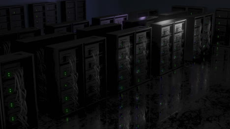 cuarto oscuro con servidores parpadeando y cables, renderizado cgi con toma de grúa