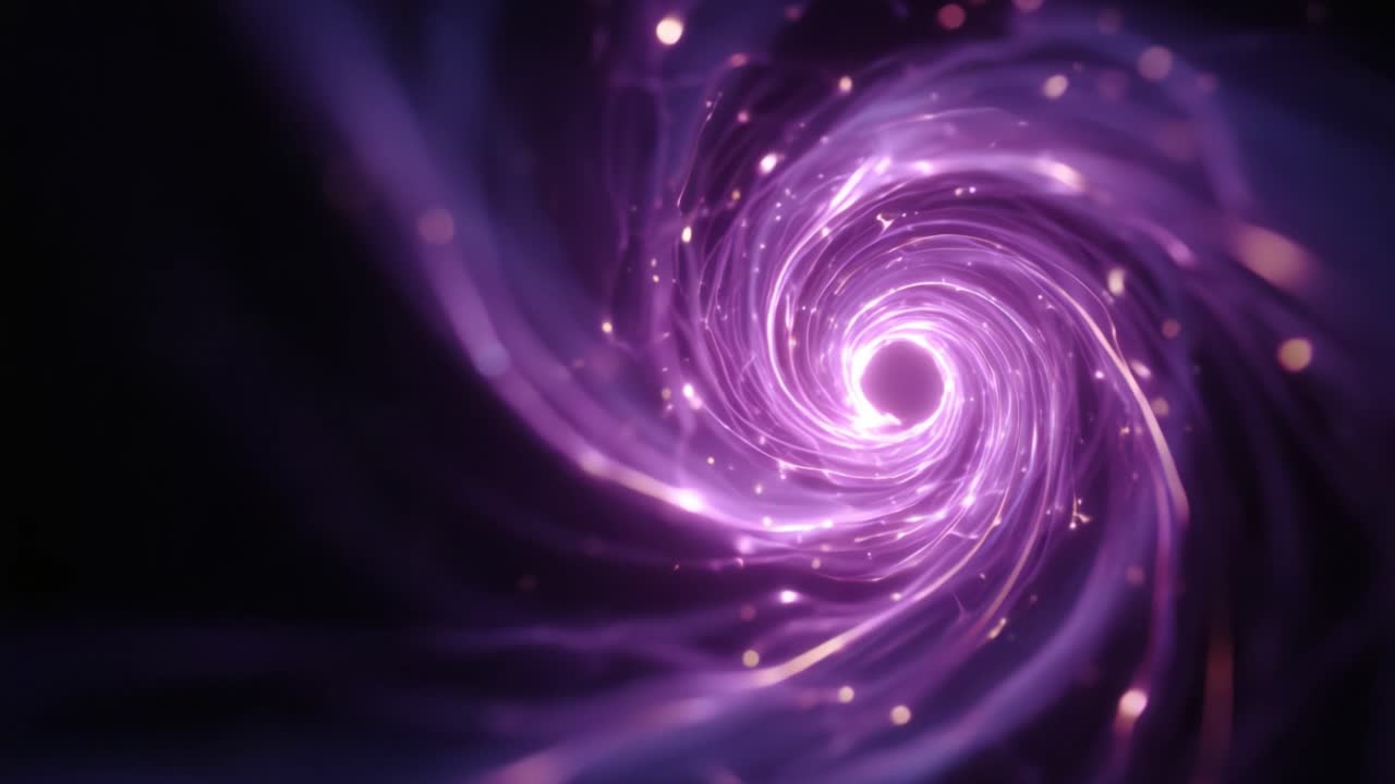 A mesmerizing vortex of swirling purple energy illuminated by sparks of light, creating a fascinating visual of cosmic depth and mystical allure