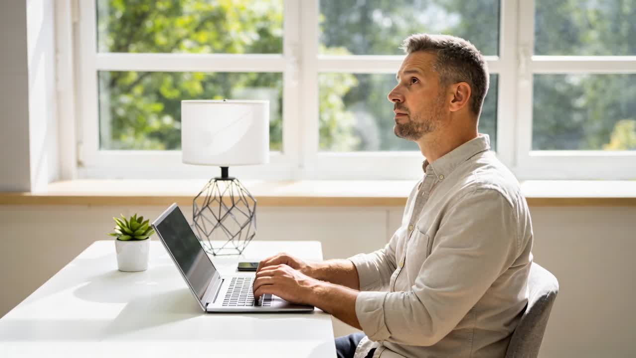 Homem digitando no laptop, fazendo uma pausa para pensar, retomando a digitação e acionando uma lista de tarefas animada que aparece.