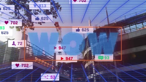 animation of wow text and numbers growing over cityscape