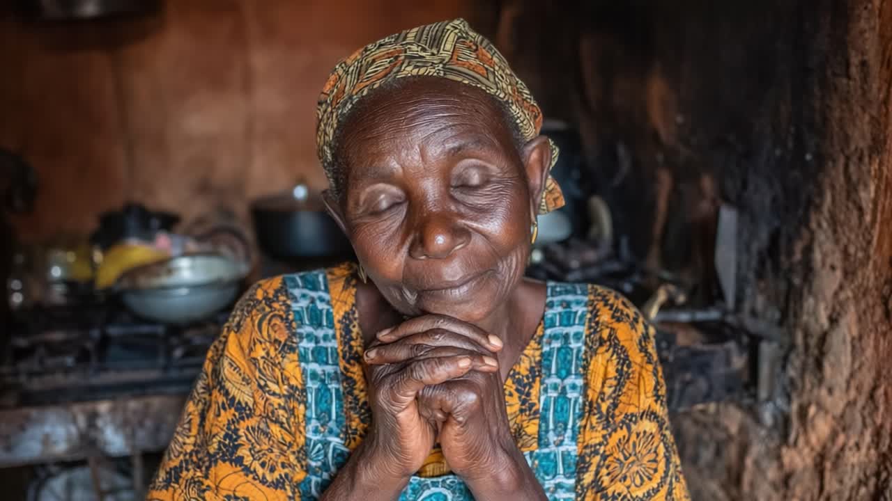 An Intimate Portrait of a Thoughtful Elderly Woman in a Rustic Kitchen, Capturing a Moment of Reflection and Inner Peace Amidst Daily Life
