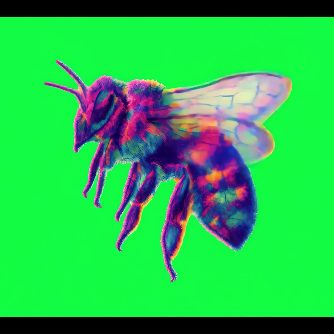 Farverig, psykedelisk illustration af en bi, animeret og isoleret. Aktiv, transparent 4K-video, alfakanal.