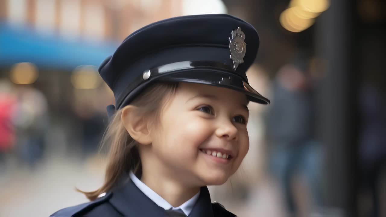 Portrait of a cheerful little girl wearing a police uniform and hat, smiling brightly while looking away, set against an urban backdrop filled with vibrant city life