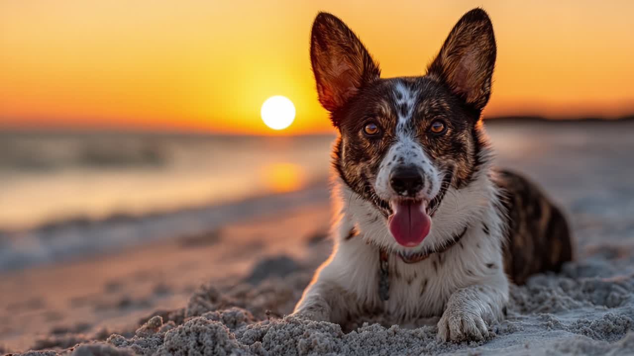 Glad hund som nyter solnedgangen på stranden, fanger kjære øyeblikk med solnedgangens gylne glød i bakgrunnen, perfekt for kjæledyrelskere og naturentusiaster.