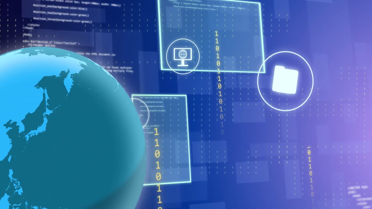Animation of binary coding and data processing over globe