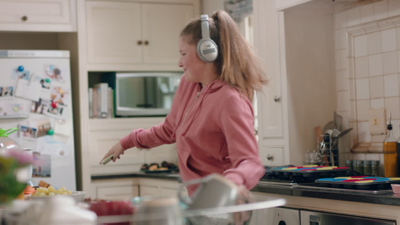 happy teenage girl dancing in kitchen having fun celebrating weekend performing funny dance moves listening to music wearing headphones