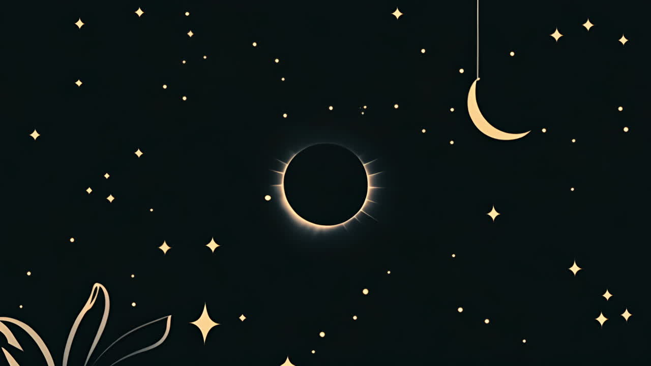Celestial Night Sky Illustration with Sun, Moon, and Stars
