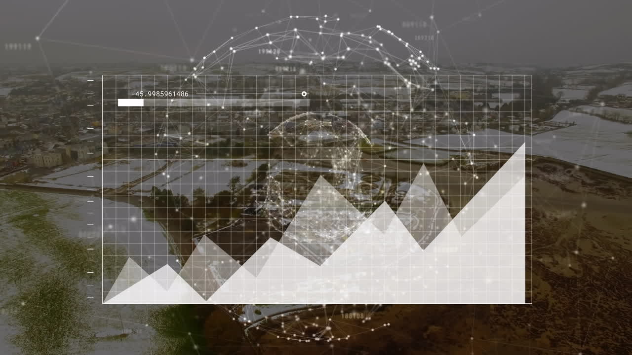 анимация обработки статистических данных и глобуса сети соединений по сравнению с городским пейзажем.
