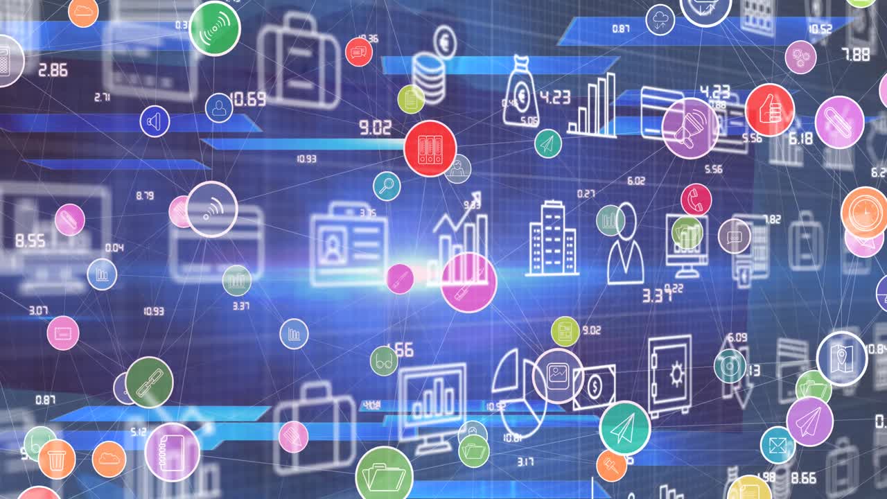 animación de iconos digitales en movimiento y red de conexiones sobre punto de luz sobre fondo azul