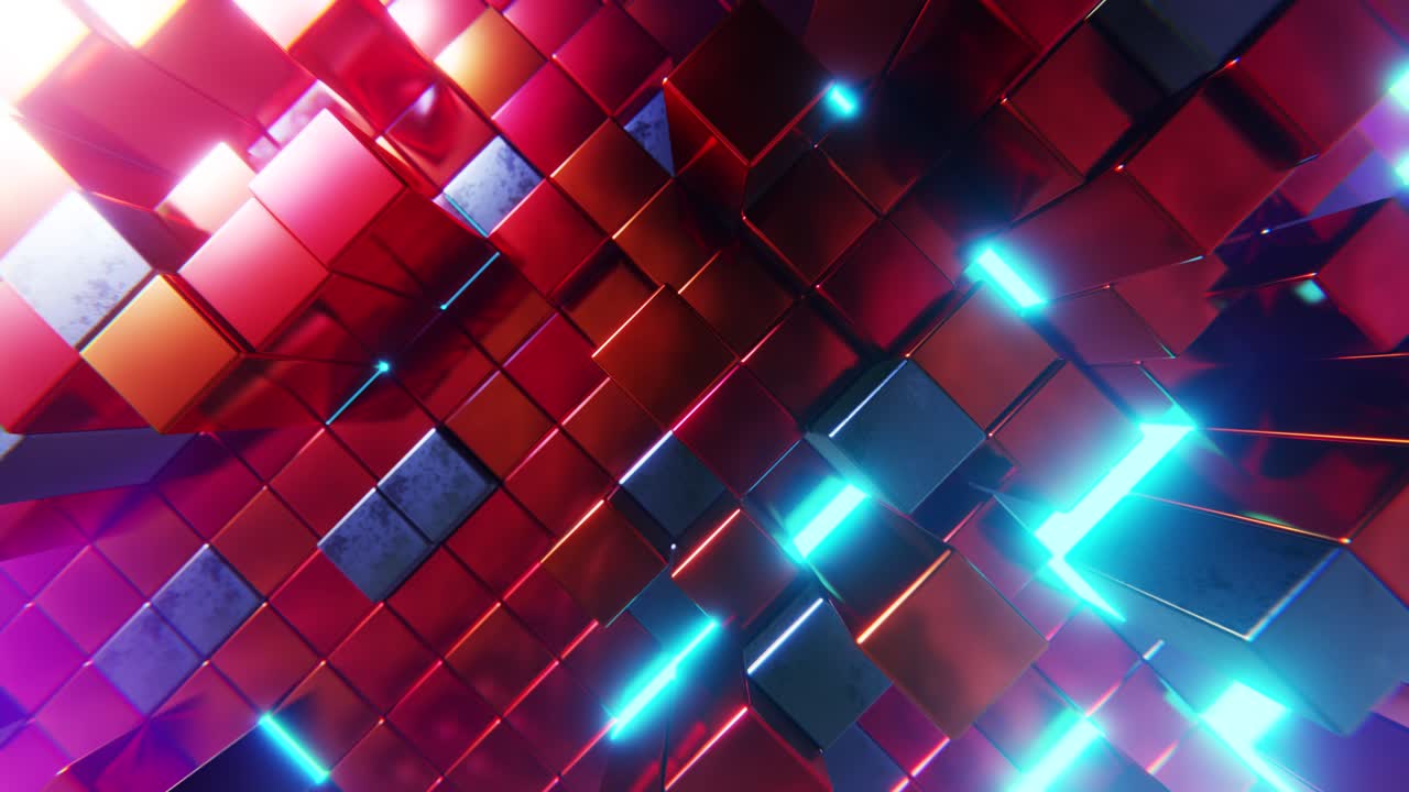 Abstract geometric background with blocks and light streaks. Infinitely looped animation