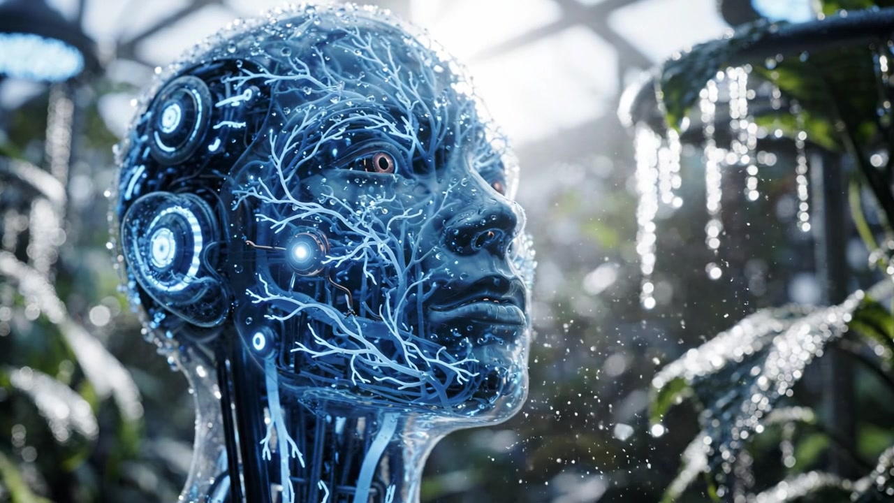 Robot umanoide futuristico con intricati circuiti blu e un'espressione contemplativa, circondato da uno sfondo di vegetazione lussureggiante e goccioline d'acqua scintillanti.