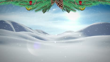 Christmas-wreath-decoration-over-snow-falling-over-winter-landscape-against-blue-sky