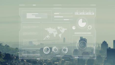 Animation-of-graphs,-loading-bars-and-circles-with-map-over-aerial-view-of-modern-cityscape