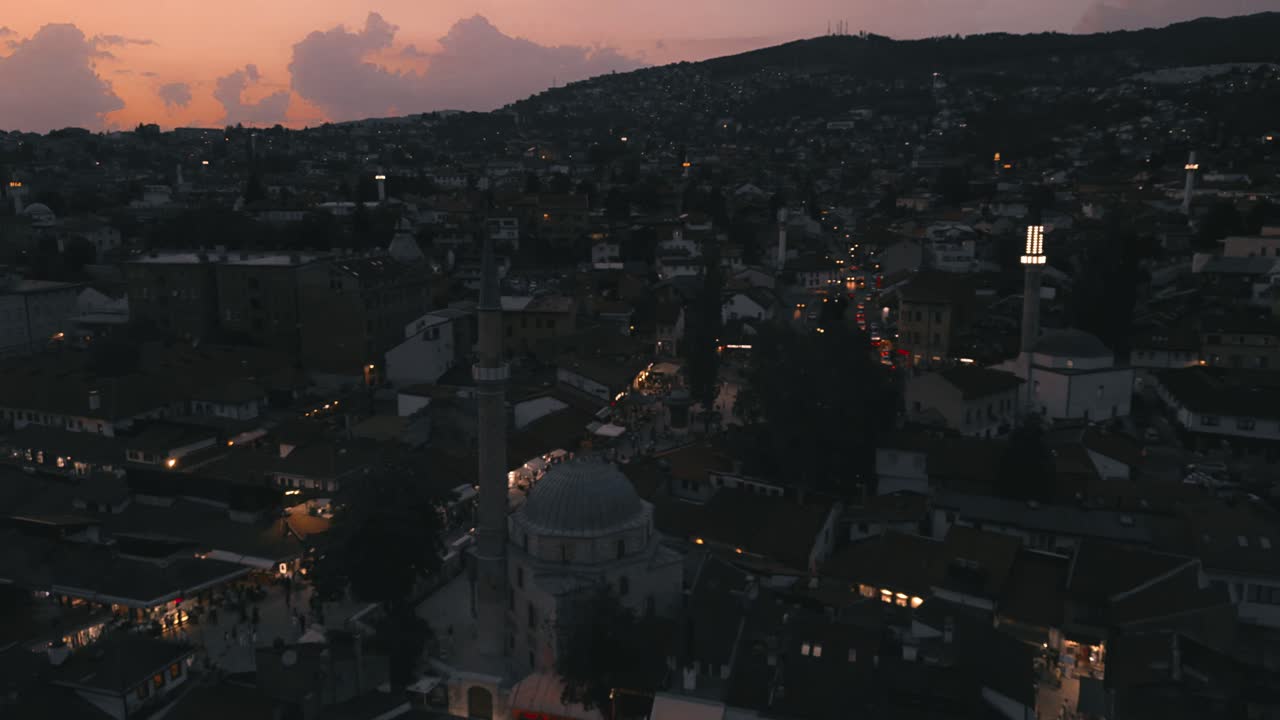 Drone footage of a sunset over Sarajevo