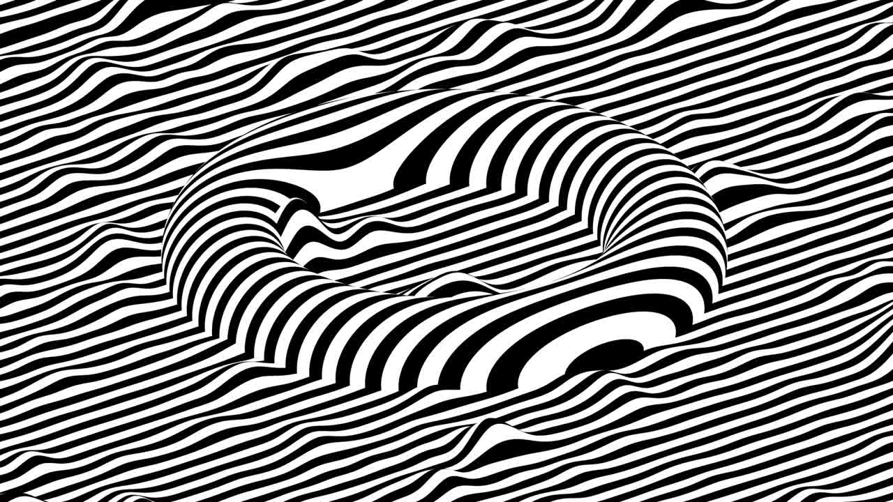 las rayas blancas y negras ondulan la superficie con un toro en movimiento en la parte superior. animación de bucle de fondo isométrico moderno. renderización 3d.