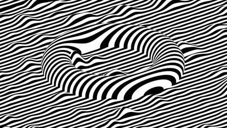 las rayas blancas y negras ondulan la superficie con un toro en movimiento en la parte superior. animación de bucle de fondo isométrico moderno. renderización 3d.