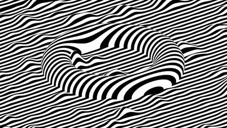 black and white stripes waving surface with moving torus on top of it. modern isometric background loop animation. 3d rendering.