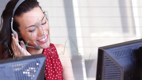 Animation-of-financial-data-processing-over-businesswoman-wearing-headset-working-in-office