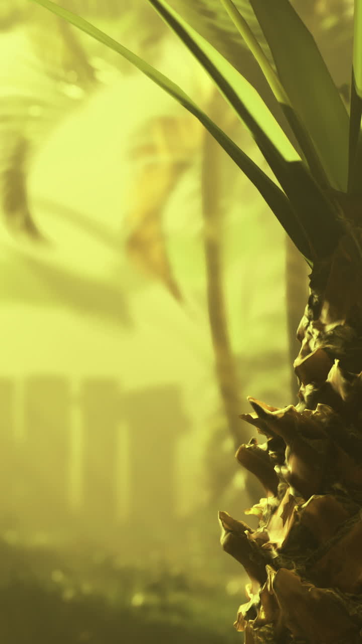 Lush tropical landscape captured during golden hour with palm trees