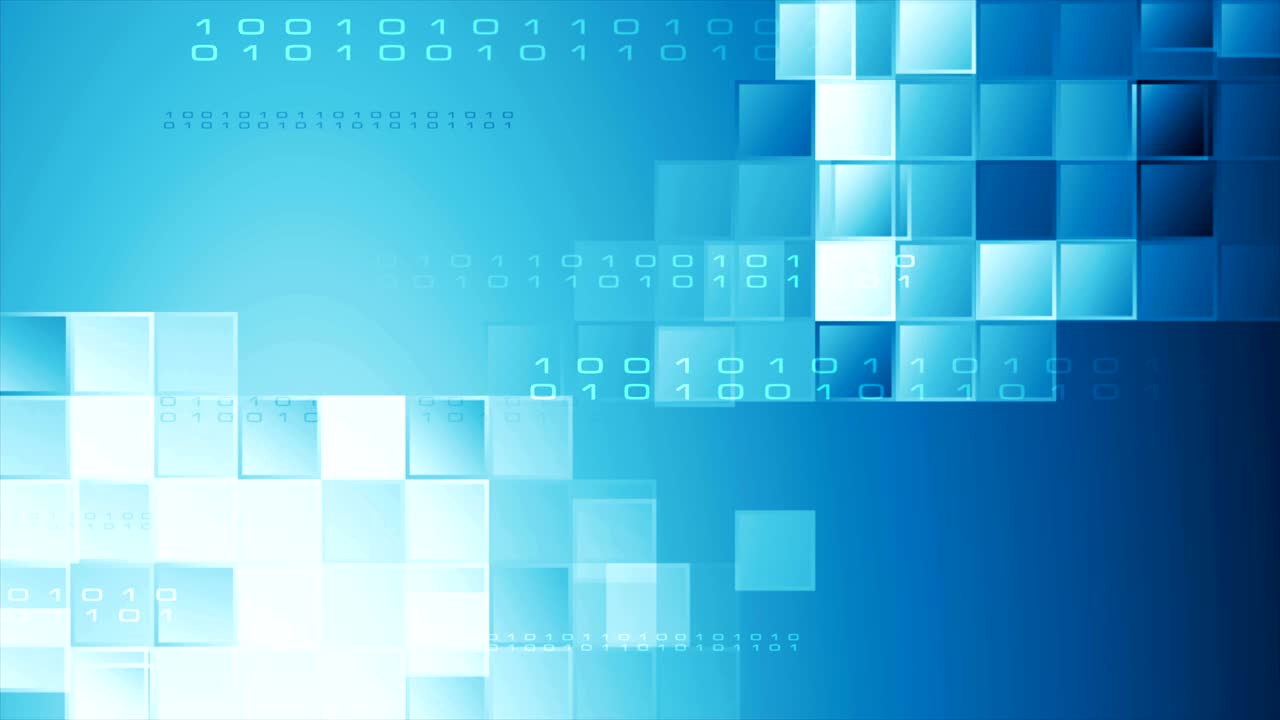 animación de video abstracta azul de alta tecnología con cuadrados y código binario