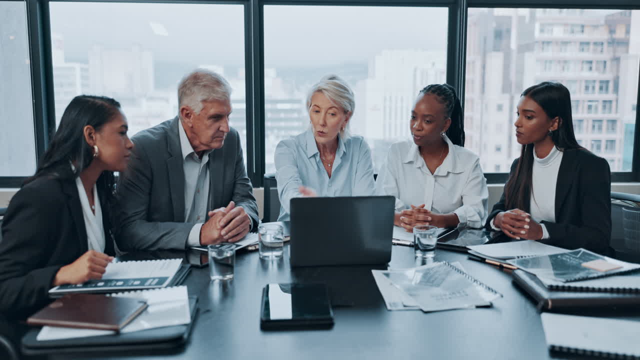 Business people, meeting and manager on laptop