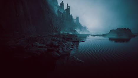 mysterious rocky coastline shrouded in fog during twilight hours
