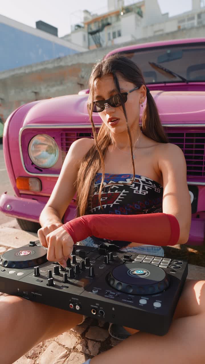 Young Woman DJing by a Vintage Pink Car
