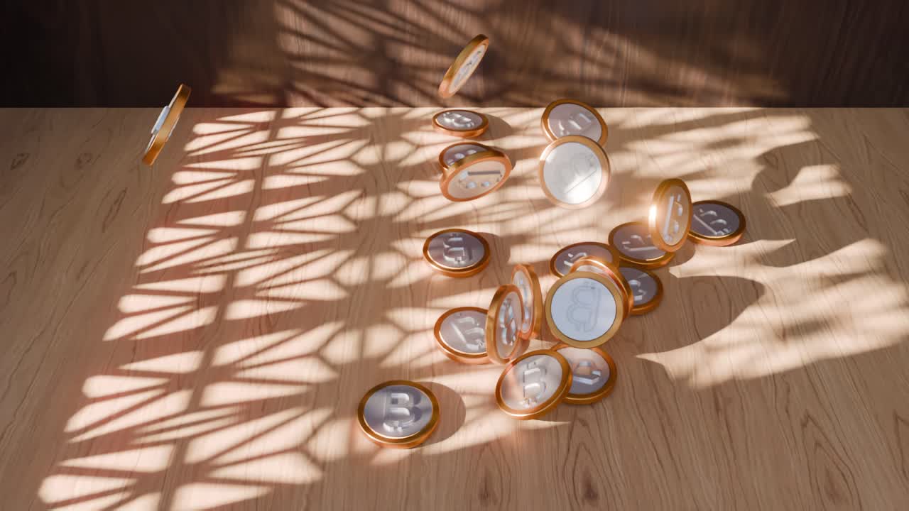 monedas de bitcoin cayendo sobre una mesa de madera