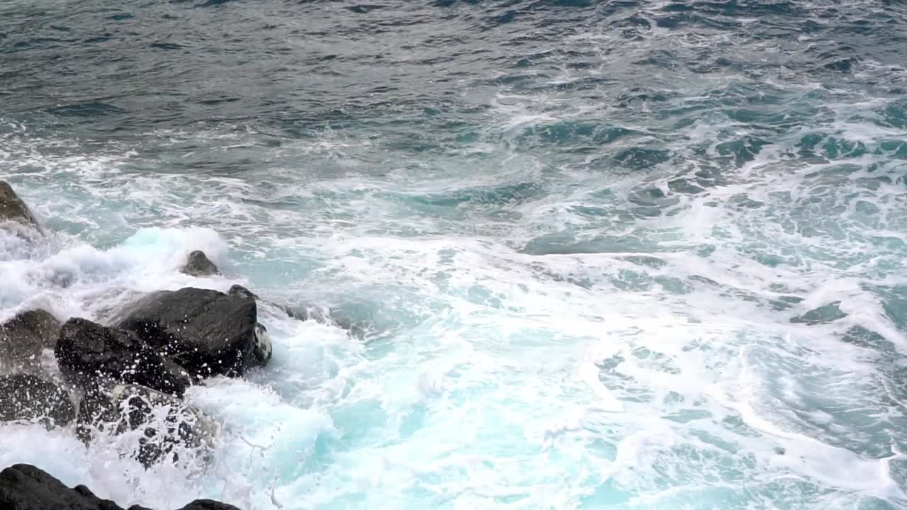 Waves Hit Rocks On The Rugged Coastline Of The Cinque Terre Region Of Italy. Slow Motion Shot