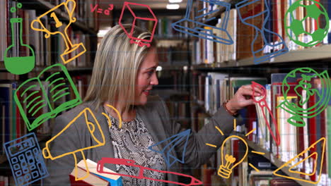 selecting book in library, woman surrounded by colorful education-themed animation