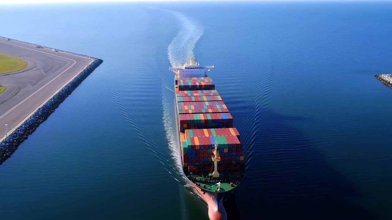 High aerial view follows cargo vessel advancing along harbor channel, with colorful container stacks, rippling wake lines, paved shoreline and rocky barriers visible under clear light.