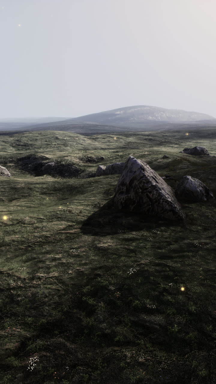 paisaje de pastizales de fantasía con rocas