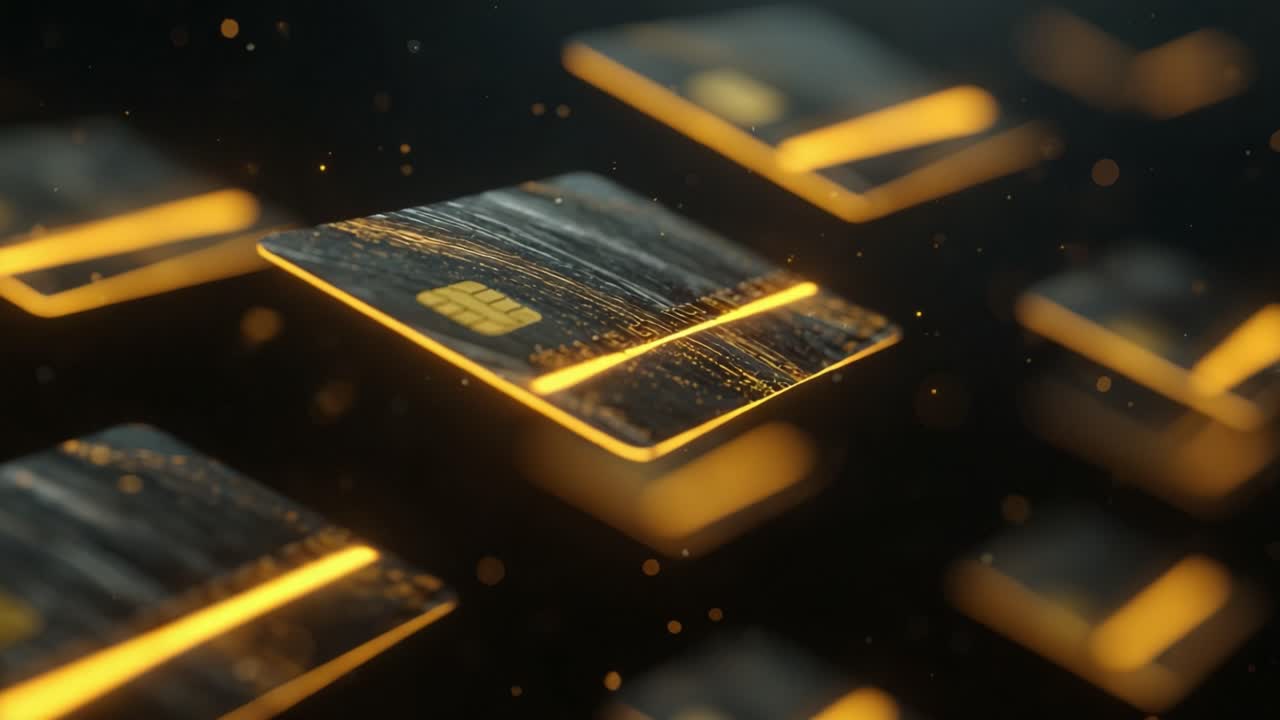 Abstract animation of multiple dark credit cards with glowing golden edges floating in a digital environment, representing secure online banking, fintech innovation, and global finance technology