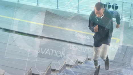 subiendo escaleras, hombre con pierna protésica sobre innovación y desarrollo animación