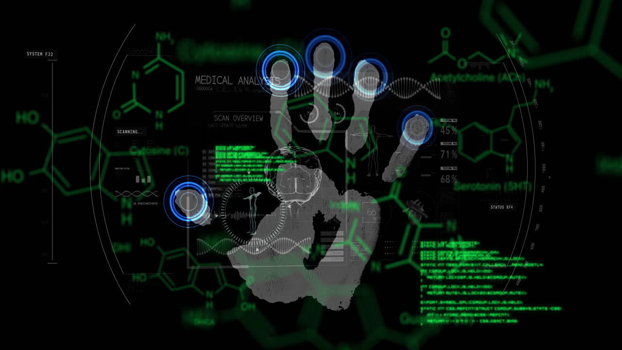 animación de fórmulas químicas y procesamiento de datos sobre huellas dactilares en fondo negro