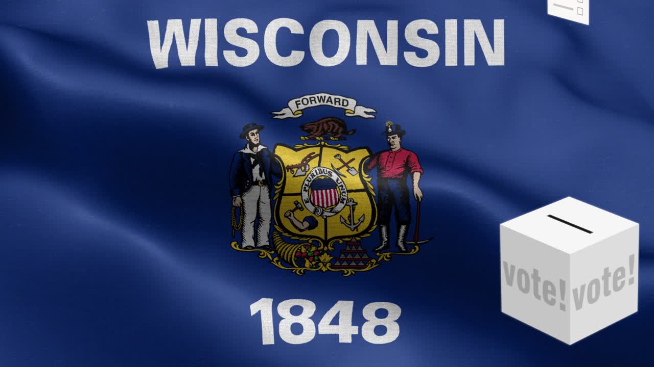 estado de wisconsin - las papeletas de votación vuelan a la caja para la selección de wisconsin - caja de votación frente a la bandera - elección - voto - bandera nacional patrón de onda del estado de wisconsin elementos de bucle - textura de tela y bucle sin fin - bandera de bucle del estado de wisconsin