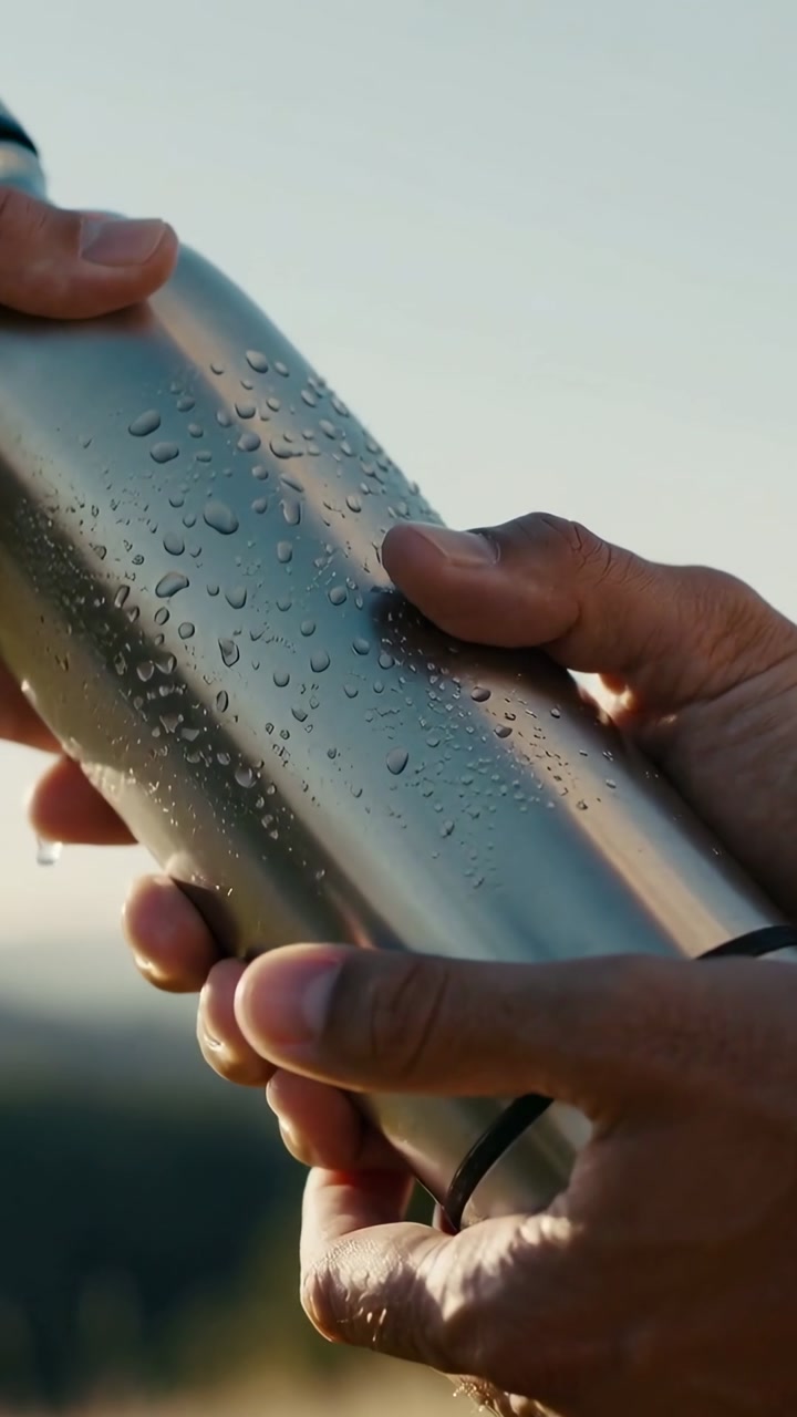 Vertical video: Adjusting grip, hands tilting bottle on hill to steady grip, condensation dripping
