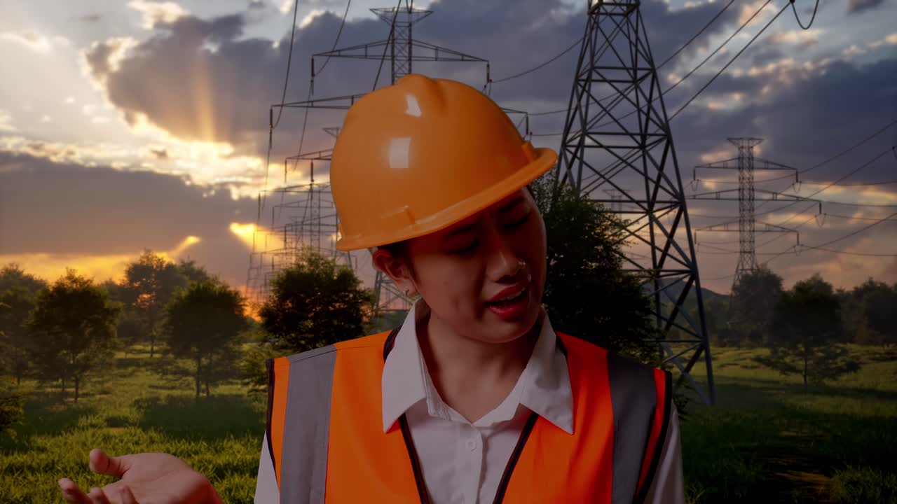 Zdezorientowana inżynierka wzrusza ramionami na tle linii energetycznych o zachodzie słońca