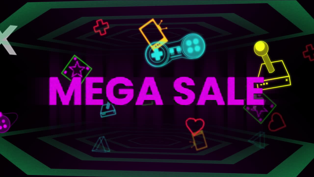검은색 배경의 게임 아이콘 위에 메가 판매 텍스트의 애니메이션
