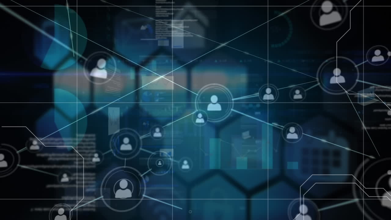 Animation of network of profile icons over data processing and hexagonal shapes on black background