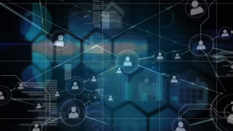 animation of network of profile icons over data processing and hexagonal shapes on black background