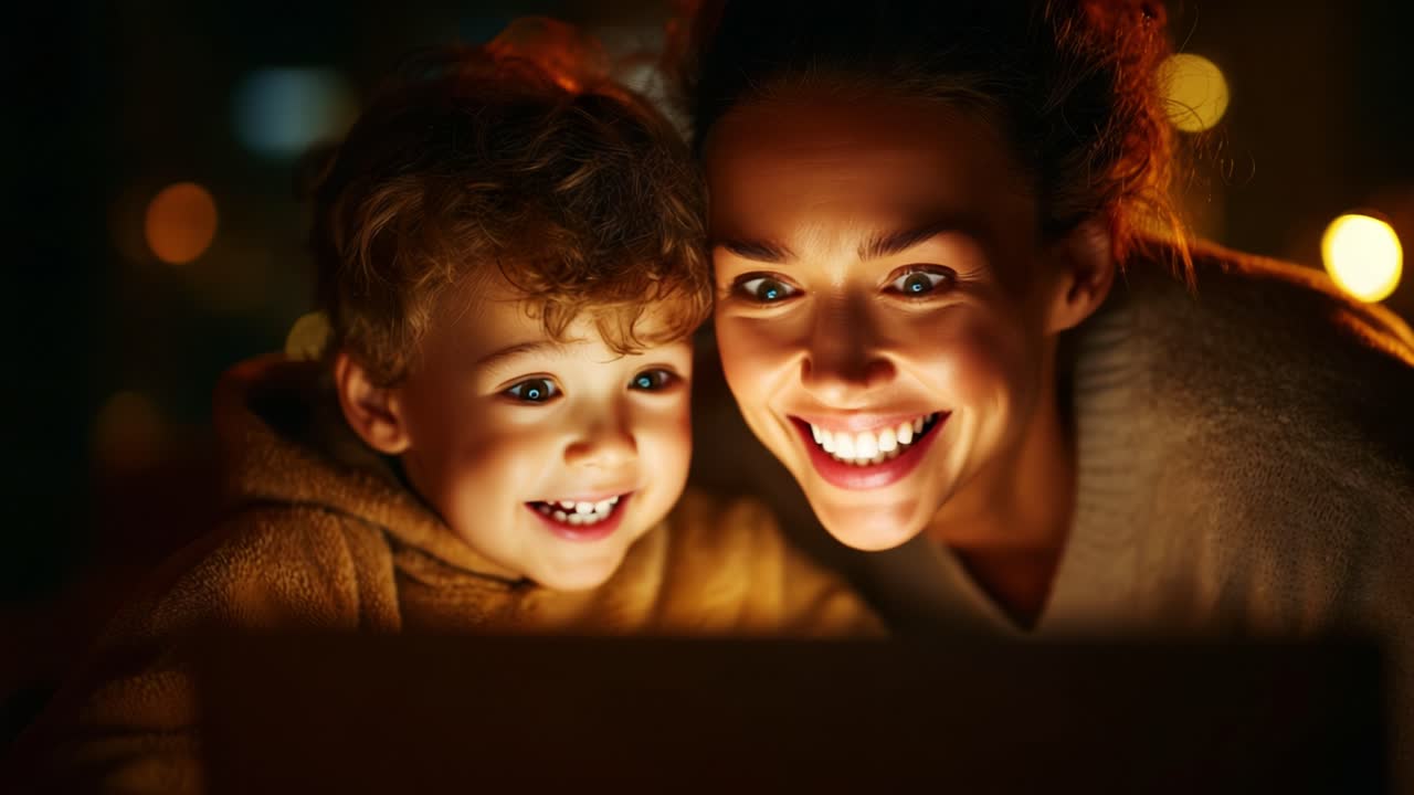 Captivating Moments: A Heartwarming Interaction Between a Mother and Her Child as They Share Delight and Wonder While Viewing a Screen Together in a Cozy Atmosphere
