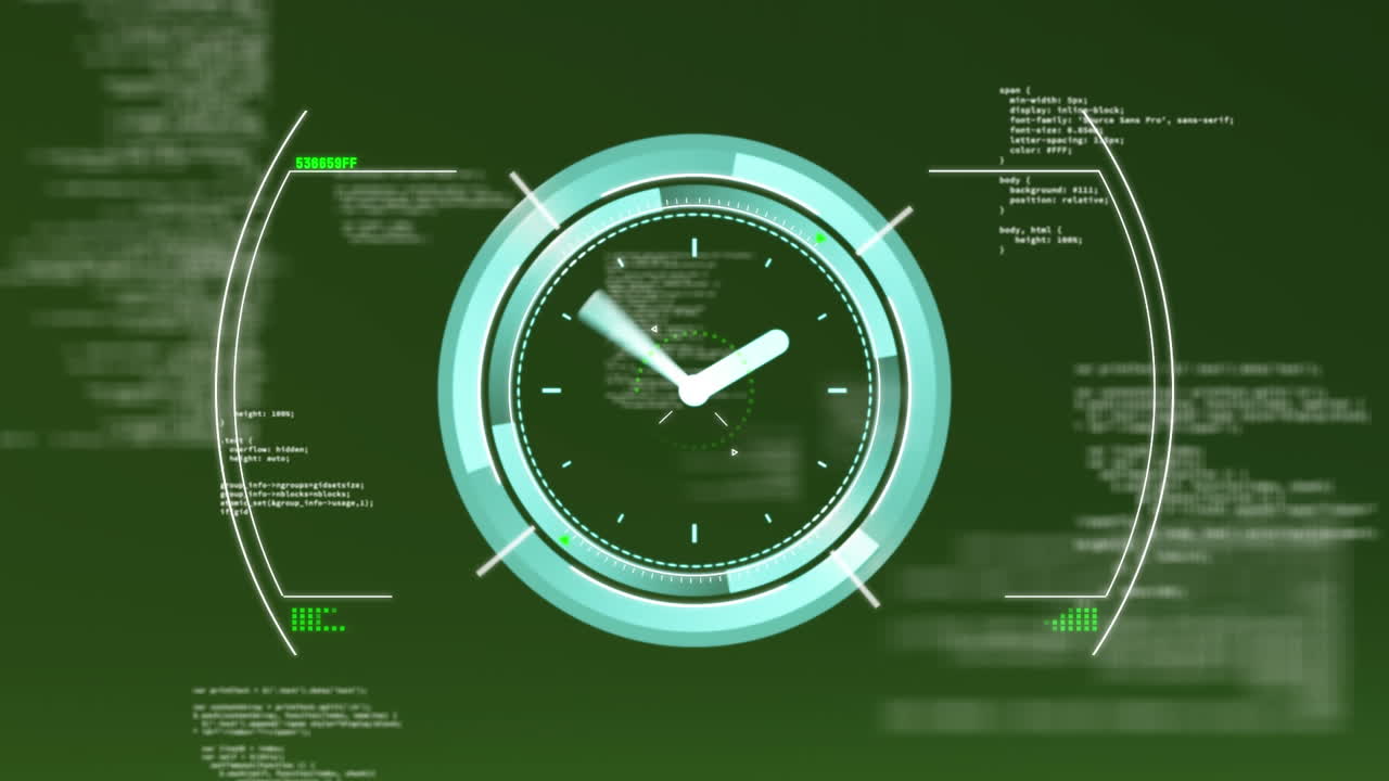 Animation of digital clock on circle and computer language against abstract background