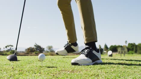 Video-of-legs-of-caucasian-man-playing-golf-on-golf-field