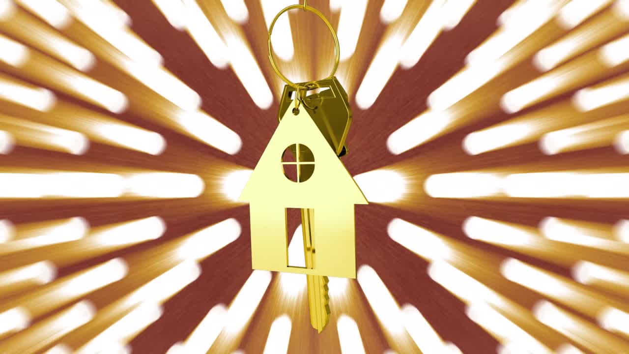 금색 집  ⁇ 과 열 ⁇ 의 애니메이션이 배경에 반 ⁇ 이는 빛의 흔적 위에 있습니다.